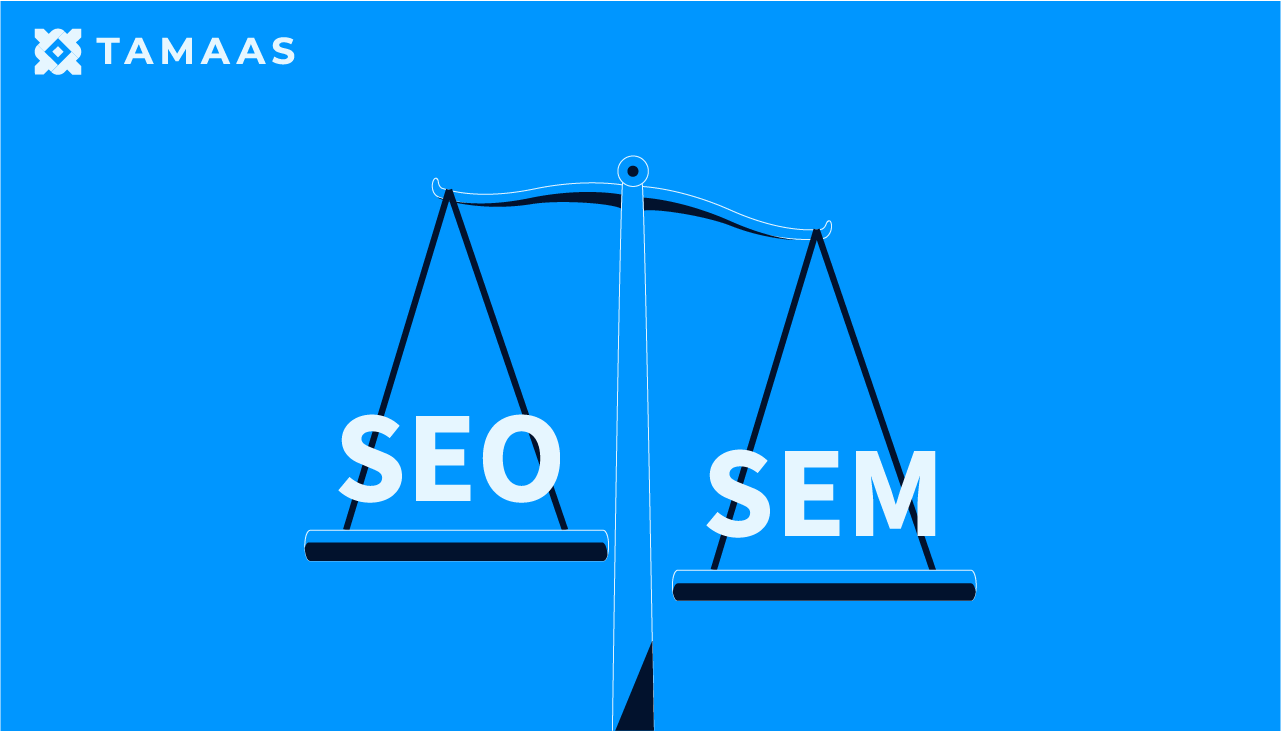 صورة لكفتي ميزان في كفة منهما كلمة seo  مرتفعة وفي الكفة الأخرى كلمة sem على ارتفاع أقل